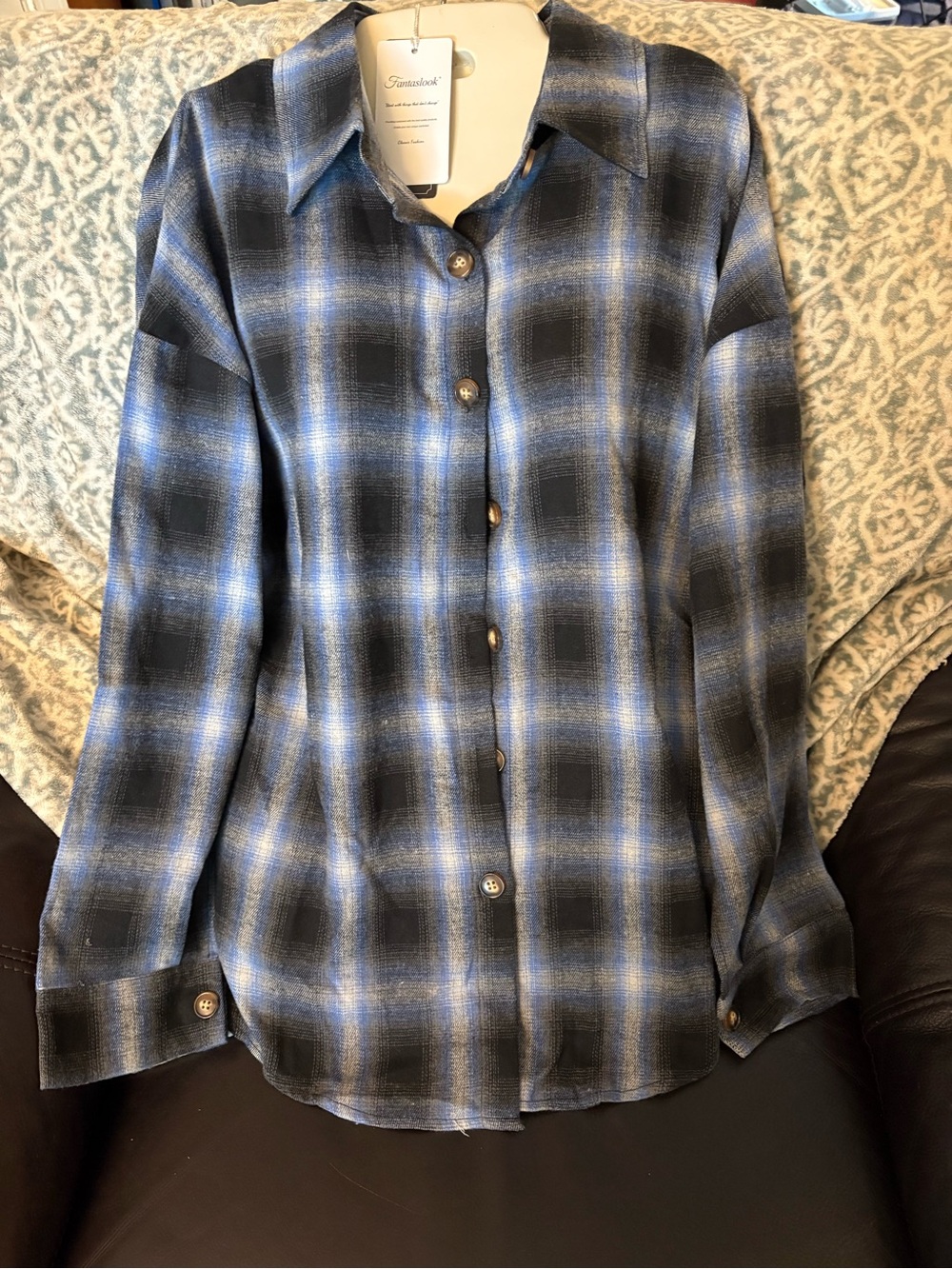 Fantaslook Blue Plaid Button-Down Long Sleeve Shirt Size Medium NWT